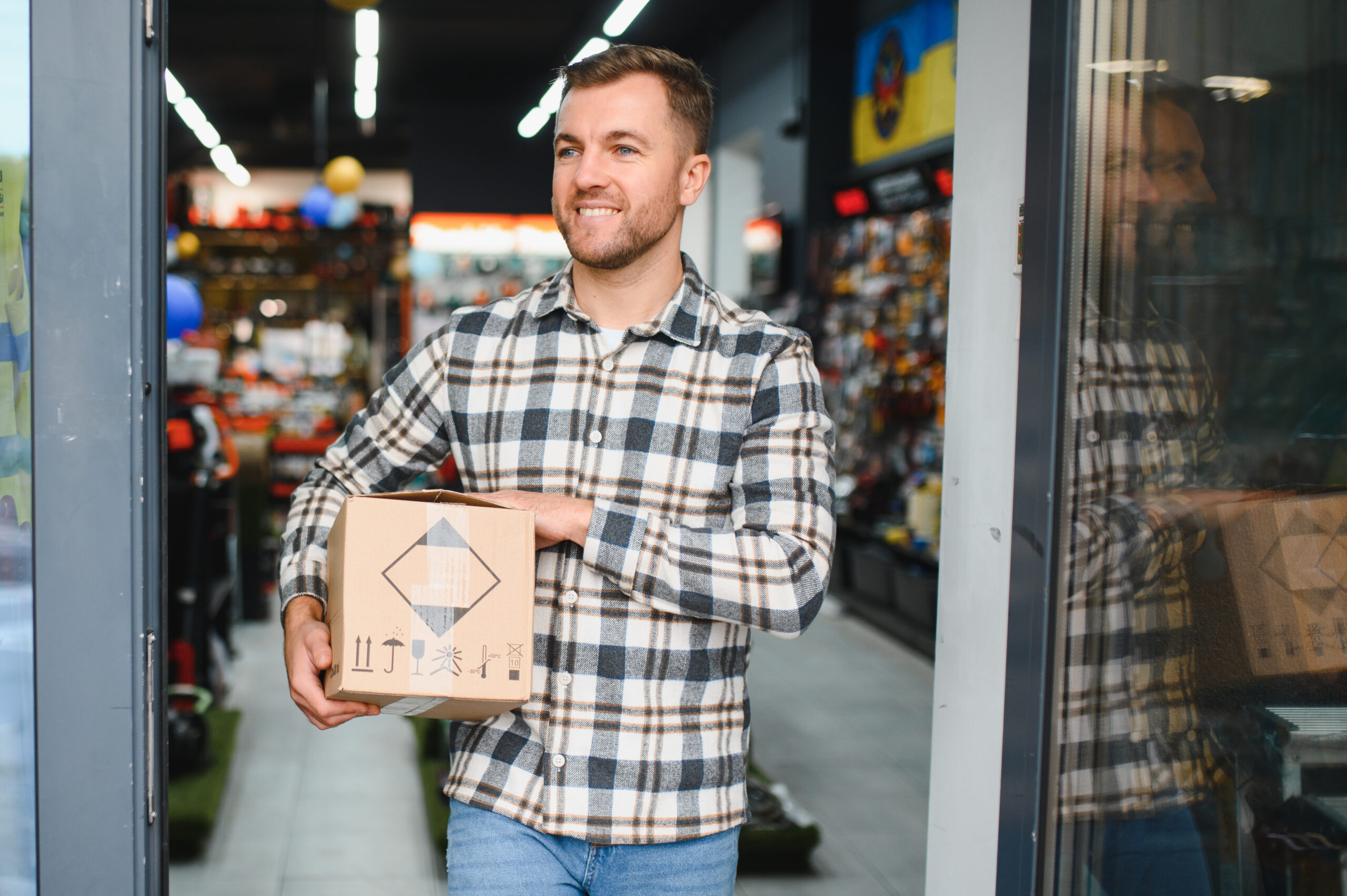 A male buyer in a modern hardware store. A large selection of tools and various household and construction goods.