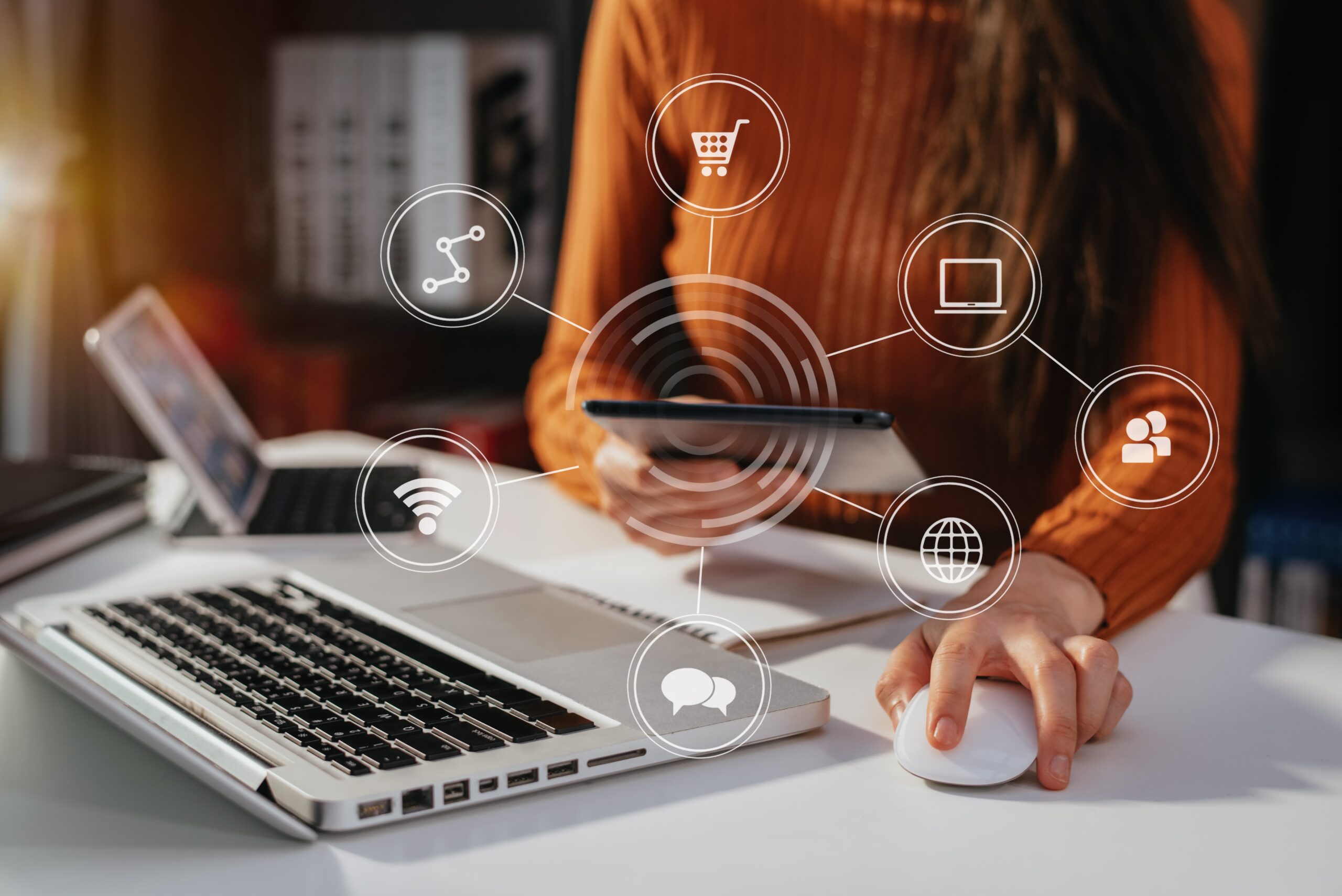 Digital marketing media in virtual icon globe shape business open his hand, working touch screen tablet at home offce.